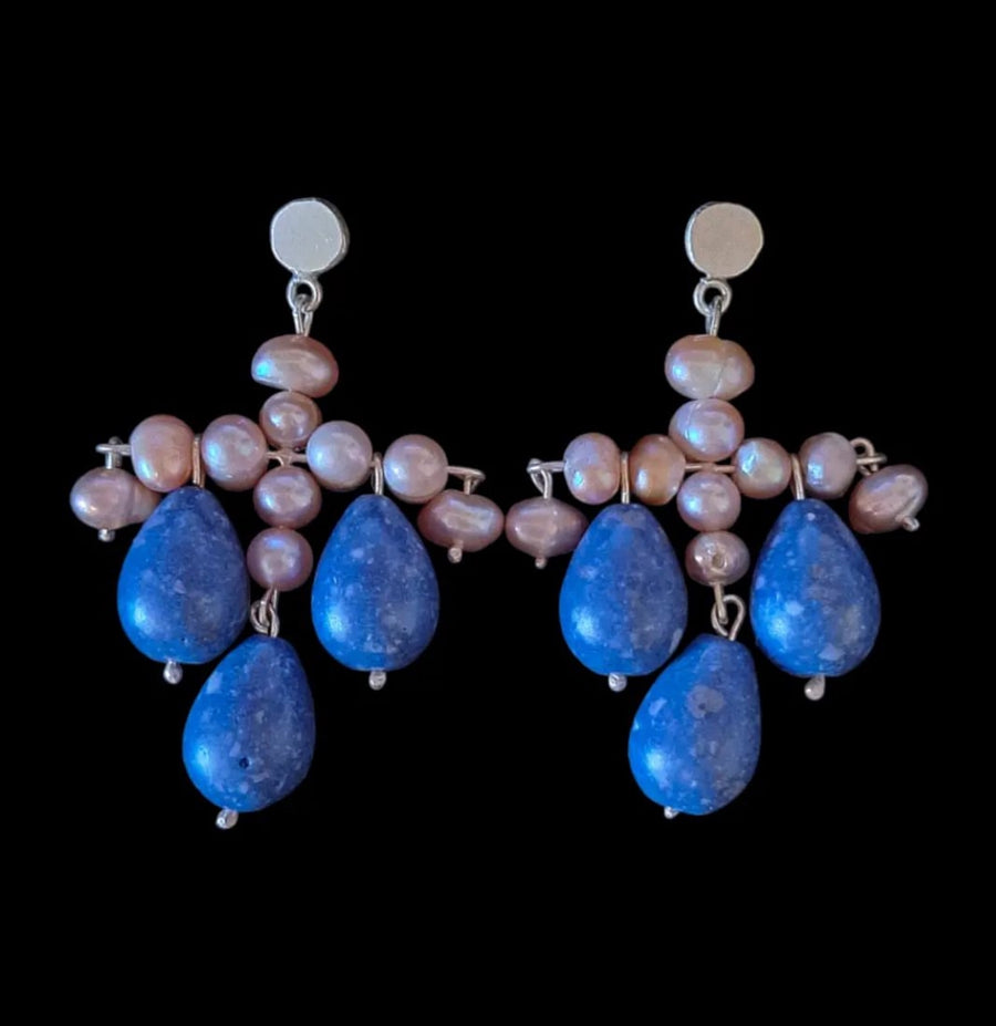 Pearls and Blue Coral Earrings